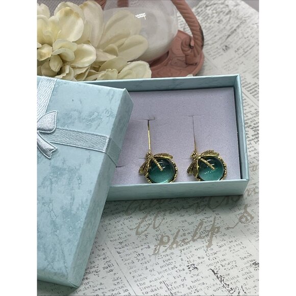 Gold plate Iridescent Dragonfly Wire Green Earrings Fall Gift Mom Birthday Wife - Picture 15 of 15